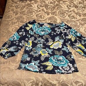LOFT Navy Floral Blouse with Blue and Yellow Accents
